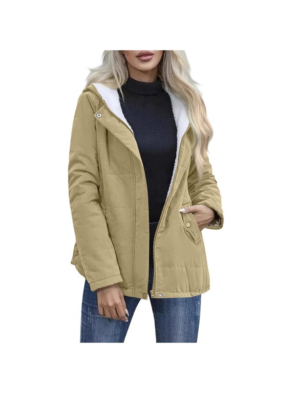 Women Coats Fall Winter Solid Color Zipper Thicken Warm Hooded Long Sleeved Bread Jacket Trendy Casual Overcoat with Pocket Khaki L