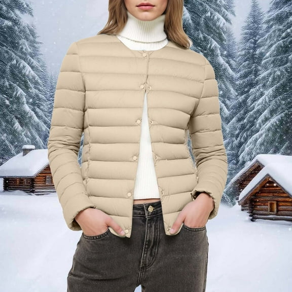 BRGZLK Women Coats Lightweight Jacket Warm Padded Slim Fit Coat Solid Color Long Sleeve Hooded Waterproof Thicken Puffy Jacket Beige S