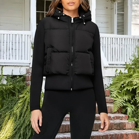 BRGZLK Women Coats Personality Solid Color Long Sleeve Hooded Short Style Cotton Coat Fashion Slim Fit Winter Warm Coats with Pockets Black S