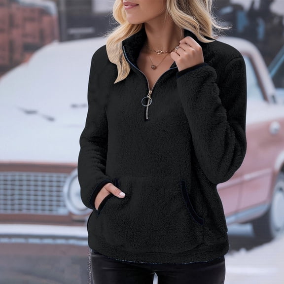 BRGZLK Women Coats Pullover Fuzzy Pullover Sherpa Fall Winter Long Sleeve Stand Collar Blouse 1/4 Zip Sweatshirt with Pocket Black L