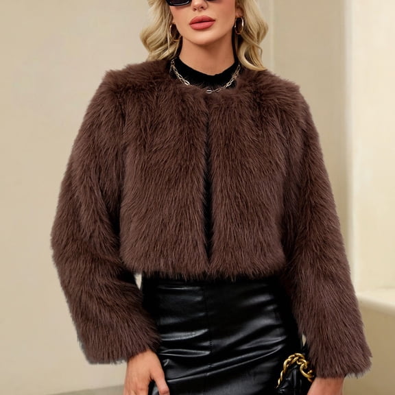 BRGZLK Women Coats Solid Color Short Style Faux Fur Coat Long Sleeve Fluffy Jacket Loose Fit Thermal Thick Coats Trendy Casual Clothing Brown M