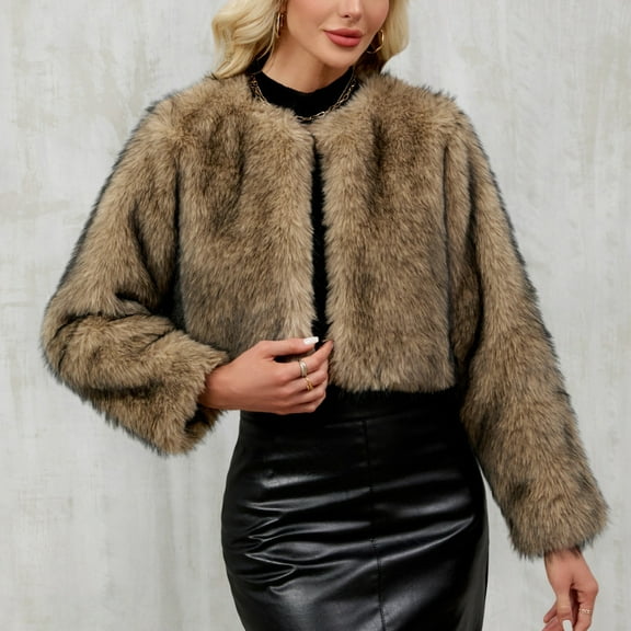 BRGZLK Women Coats Solid Color Short Style Faux Fur Coat Long Sleeve Fluffy Jacket Loose Fit Thermal Thick Coats Trendy Casual Clothing Gray M