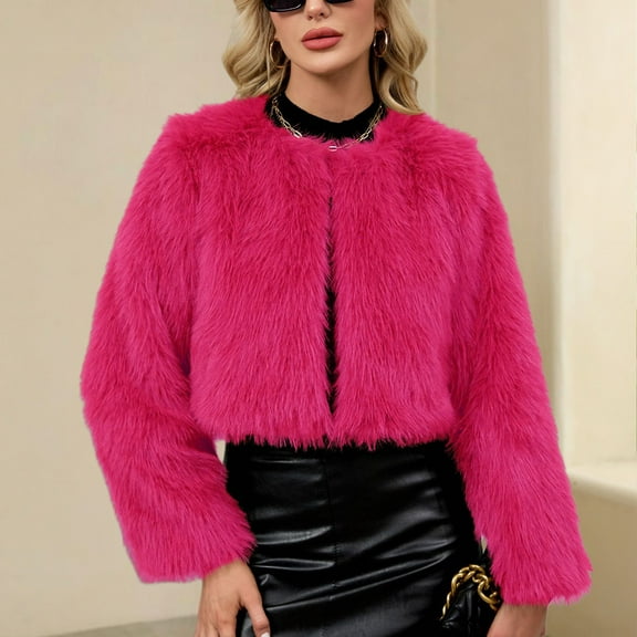 BRGZLK Women Coats Solid Color Short Style Faux Fur Coat Long Sleeve Fluffy Jacket Loose Fit Thermal Thick Coats Trendy Casual Clothing Hot Pink M