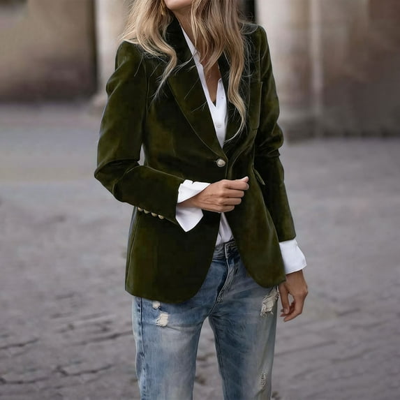 BRGZLK Women Coats Vintage Velvet Jacket Suit V-Neck Work Office Short Coat Suit Button Up Fashion Casual Street Style Suit Fall Winter Coats Army Green S