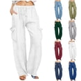 thumbnail image 1 of BRGZLK Women Cotton Linen Drawstring Wide Leg Pants Loose Solid Color Elastic High Waisted Casual Trousers with Pockets, 1 of 6