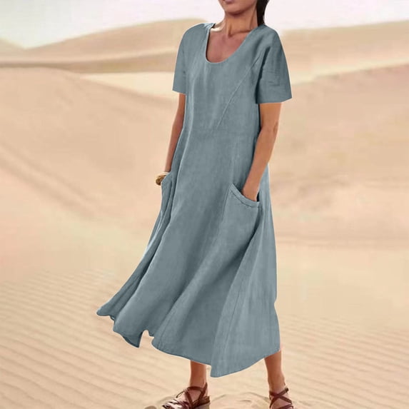 BRGZLK Women Cotton Linen Dresses Summer Solid Color Breathable Cozy Casual Double Pocket Loose Fit Short Sleeve Round Neck Maxi Long Dress Gray M