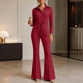 thumbnail image 1 of BRGZLK Women Dressy Jumpsuit 2026 Trendy Solid Color Long Sleeve Collared Flare Leg Romper Casual Business Work Jumpsuits Night Out Outfit Overalls Wine L, 1 of 6