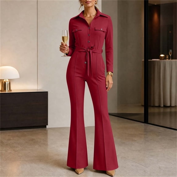 BRGZLK Women Dressy Jumpsuit 2026 Trendy Solid Color Long Sleeve Collared Flare Leg Romper Casual Business Work Jumpsuits Night Out Outfit Overalls Wine L