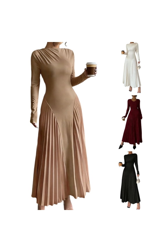 Women Elegant Long Pleated Dress Elastic Long Sleeved Round Neck Knitted Maxi Autumn Winter Party Ankle Dress
