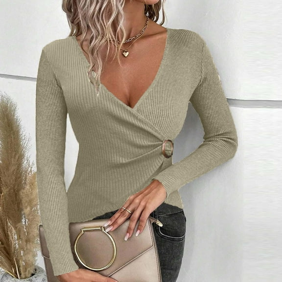 BRGZLK Women Fashionable V-neck Solid-color Long-sleeved Irregular Knitted Sweater Top Coffee L