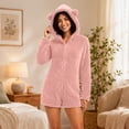 thumbnail image 1 of BRGZLK Women Fleece Onesie Pajama Winter Solid Color Long Sleeve Fleece Fuzzy Cute Bear Hooded Jumpsuit Shorts Warm Soft Cozy One Piece Sleepwear Pink XL, 1 of 9