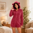 thumbnail image 1 of BRGZLK Women Fleece Onesie Pajama Winter Solid Color Long Sleeve Fleece Fuzzy Cute Bear Hooded Jumpsuit Shorts Warm Soft Cozy One Piece Sleepwear Red XXXXL, 1 of 9