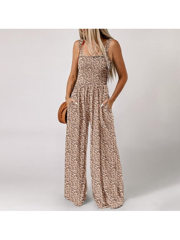 Women Floral Loose Overalls Rompers Square Neck Sleeveless Boho Printed Pleated Wide Leg Casual Long Pants Jumpsuits Lightweight Comfy Overall 2026 Fall Winter Clothes Khaki L