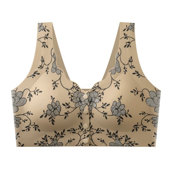 BRGZLK Women Front Button Bras Everyday Sports Bras Fashion Floral Print Convenient Snap Comfort Wireless Lift Breathable Embossed Jacquard Bras Coffee XXL