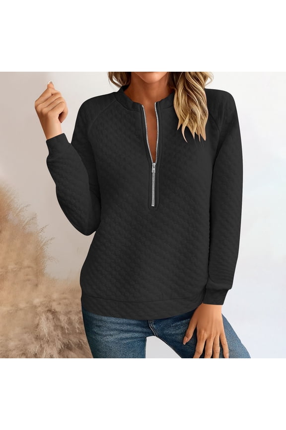 Women Half Zip Up Quilted Sweatshirt Casual Stand Collar Long Sleeve Fashion Textured Pullover Tops Black M
