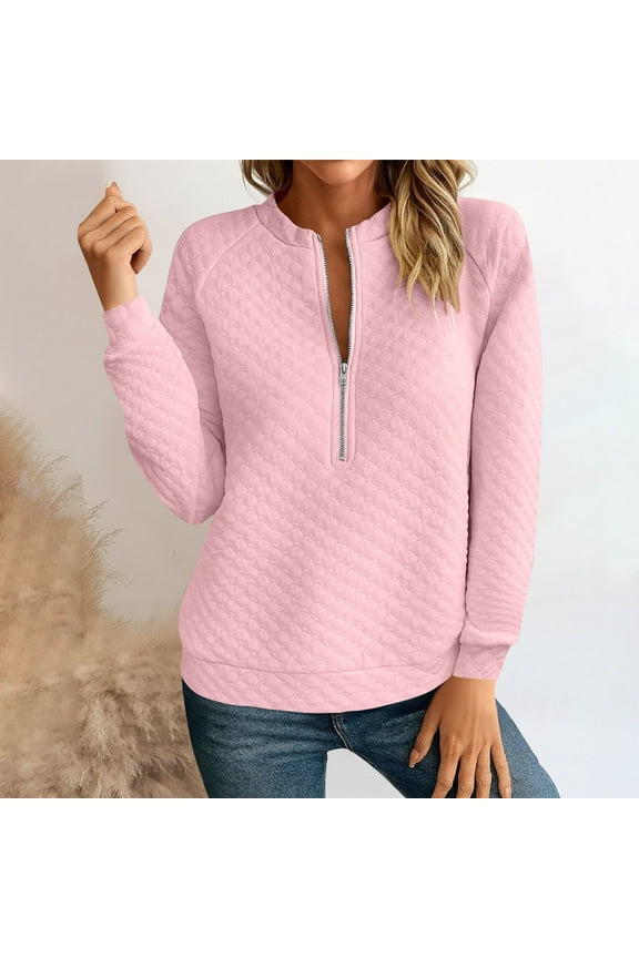 Women Half Zip Up Quilted Sweatshirt Casual Stand Collar Long Sleeve Fashion Textured Pullover Tops Pink XXL