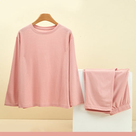 BRGZLK Women Homewear Casual Fashion Solid Color Long Sleeve Round Neck Warm Underwear Set comfortable Loungewear for Daily Wearing Pink M
