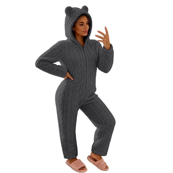 BRGZLK Women Hooded Onesie Pajamas Solid Color Long Sleeve Fleece Fuzzy Warm Cute Jumpsuit Sleepwear Zipper Soft Cozy Rompers with Pockets Gray S