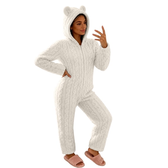 BRGZLK Women Hooded Onesie Pajamas Solid Color Long Sleeve Fleece Fuzzy Warm Cute Jumpsuit Sleepwear Zipper Soft Cozy Rompers with Pockets White XL
