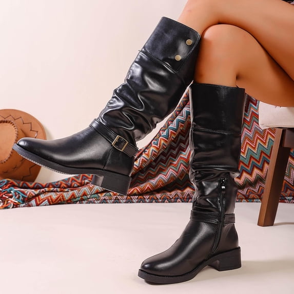 BRGZLK Women Knee High Slouch Boots Winter Solid Color Round Toe Side Zipper Chunky Heel Buckled Decor Mid-calf Boots for Out Going Black 43