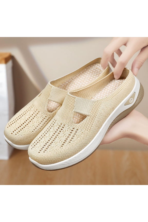 Women Knit Mules Summer Trendy Closed Toe Breathable Comfortable Backless Sneakers Lightweight Soft Sole Mesh Slides for Walking Yellow 8.5