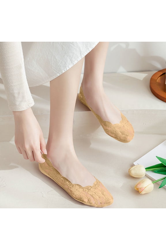 Women Lace Print Shallow Mouth Boat Socks Sweat Absorbing Cotton Socks Breathable Elastic Invisible Socks Beige One Size