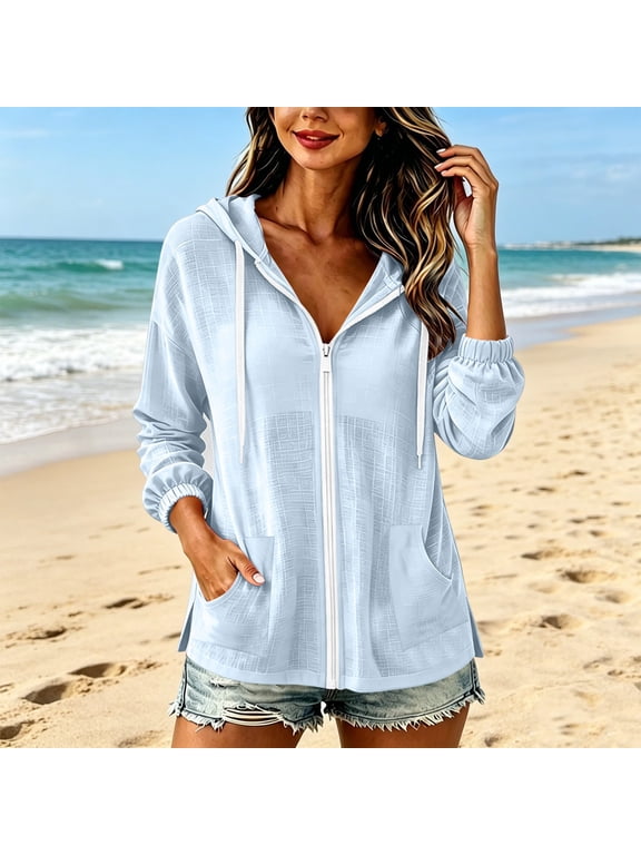 Women Lightweight Hoodies Solid Color Zip Up Loose Fit Long Sleeve Thin Drawstring Linen Jacket with Pockets Light Blue L