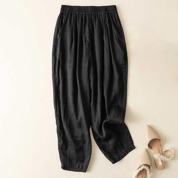 BRGZLK Women Linen Pants Fashion Summer Solid Color Cotton Linen Retro Loose Lightweight Straight Beachwear Casual Nine Points Pants with Pockets Black M