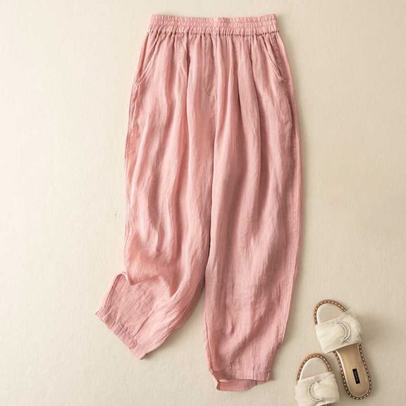 BRGZLK Women Linen Pants Fashion Summer Solid Color Cotton Linen Retro Loose Lightweight Straight Beachwear Casual Nine Points Pants with Pockets Pink M