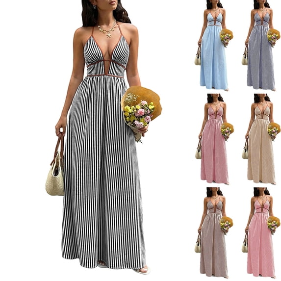 BRGZLK Women Long Dress Sleeveless Halter Deep V Neck Vacation Dress Backless Striped Print Dresses Summer Cocktail Party Dress