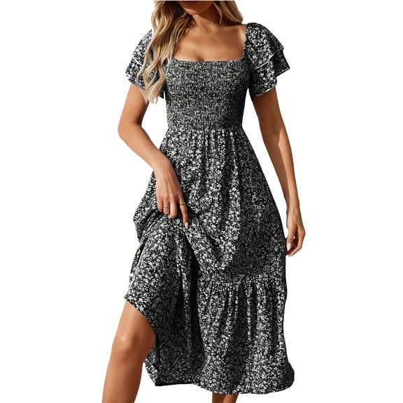 BRGZLK Women Long Dresses Loose Casual Smocking Short Sleeve Square Neck Floral Dress Short Sleeve Mid Calf Length Dresses Black XL