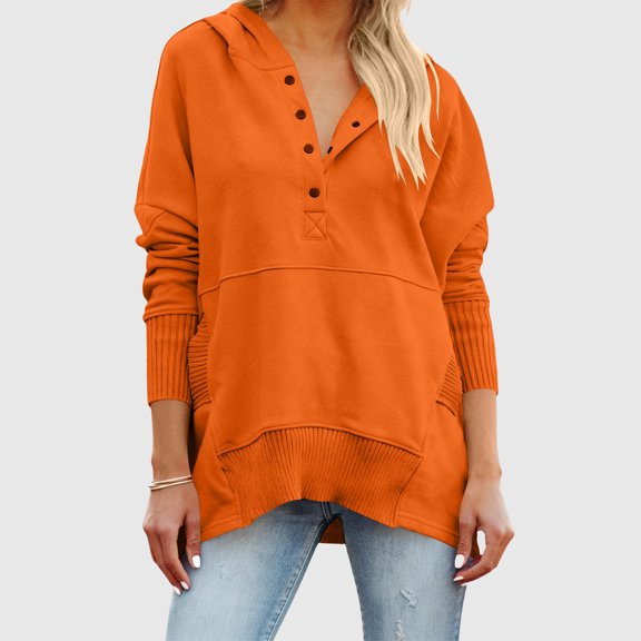 BRGZLK Women Long Sleeve Lapel Button Sweatshirt Autumn Fashion Pullover Hoodie Young Girl Style Waist Tucking Tops Orange M