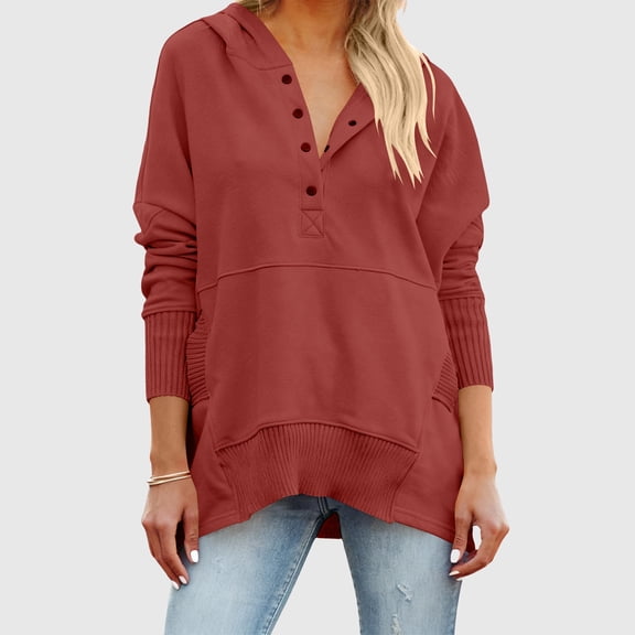 BRGZLK Women Long Sleeve Lapel Button Sweatshirt Autumn Fashion Pullover Hoodie Young Girl Style Waist Tucking Tops Wine M