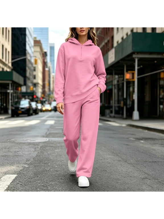 Women Long Sleeve Sweatsuit Fall Winter Fashion Oversized Half Zip Sweatshirt and High Waisted Wide Leg Pants 2 Piece Outfits Casual Workout Travel Lounge Set Pink L