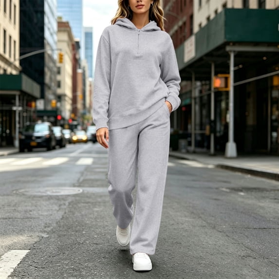 BRGZLK Women Long Sleeve Sweatsuit Fall Winter Fashion Oversized Half Zip Sweatshirt and High Waisted Wide Leg Pants 2 Piece Outfits Casual Workout Travel Lounge Set Gray XL