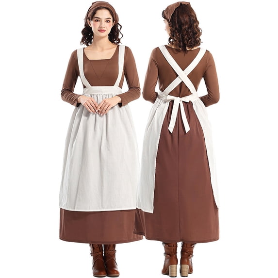 BRGZLK Women Maid Dresses Stylish Long Sleeve Soft Lightweight Comfy Renaissance Medieval Peasant Apron Dress for Halloween Cosplay Party 2026 Coffee S