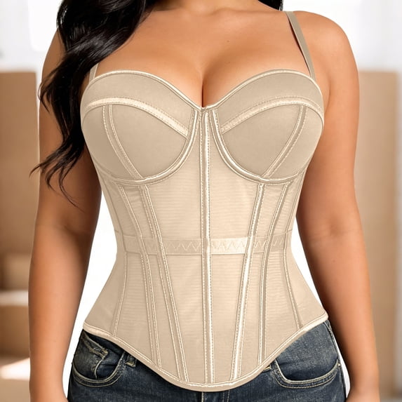 BRGZLK Women Mesh Corset Tops Solid Color Spaghetti Strap Date Night Corset Bustier Top Going Out Outfits Beige 38