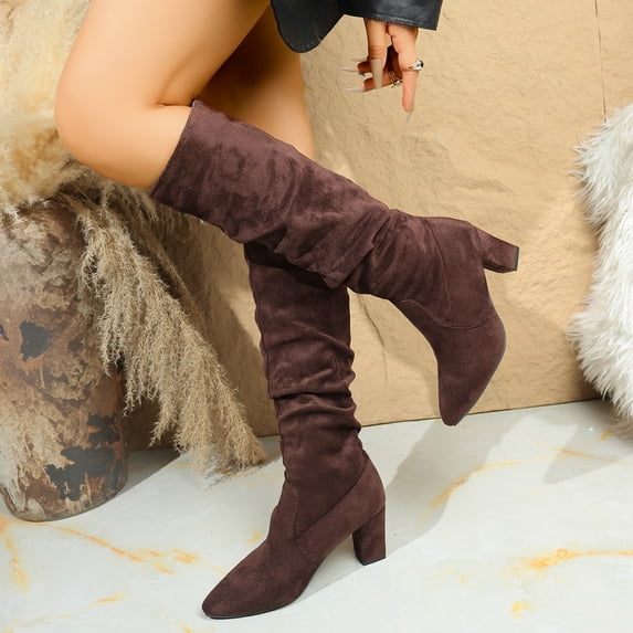 BRGZLK Women Mid Calf Boots Solid Color Classic Versatile Block High Heel Side Zip Comfort Trendy Faux Suede Slouchy Knee High Booties Fall Winter Footwear Brown 38
