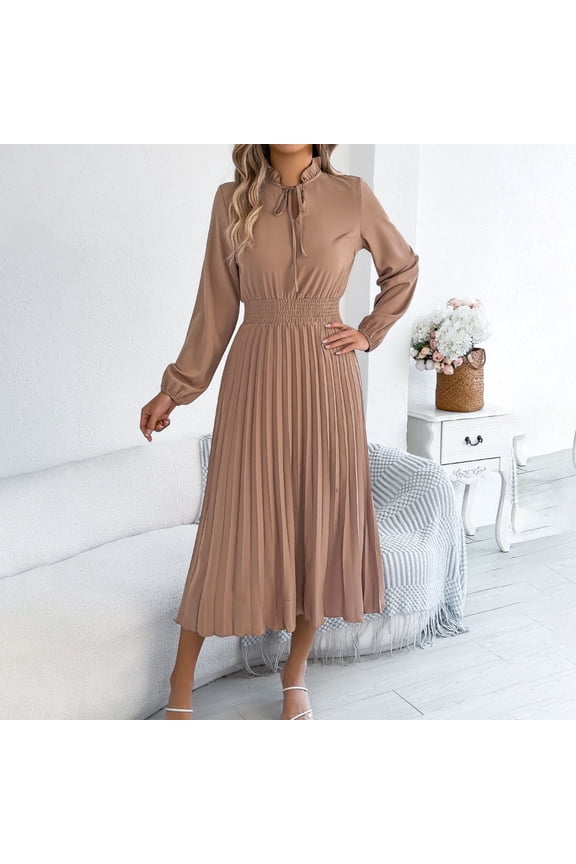 Women Midi Dresses Long Sleeve Mock Neck Lantern Sleeve Long Sleeve Pleated Waist-Cinching Midi Dress Business Casual Trendy Teacher Dress Khaki S