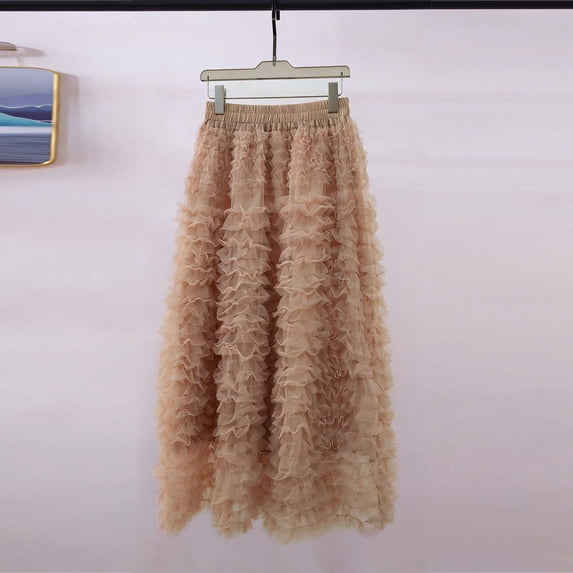 BRGZLK Women Midi Skirts Fashion Casual Solid Color Elastic Waist A Line Tulle Layered Skirt Puffy Cake Skirt Knee-Length Skirt for Summer 2026 Khaki Free Size