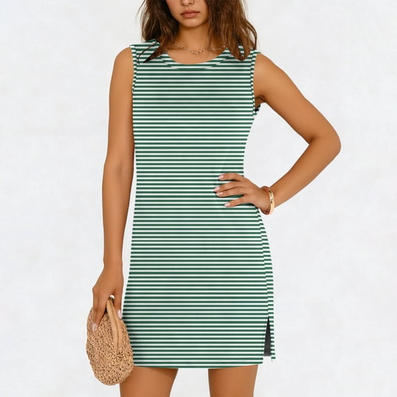 BRGZLK Women Mini Dresses Summer Daily Casual Trendy Striped Sleeveless Round Neck Pullover Side Slit Sundress Loose Fit Tank Beach Dress Green XL