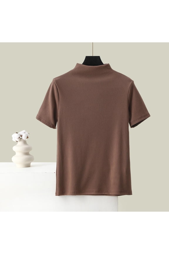 Women Mock Turtleneck Tops Solid Color Modal Soft Warm Short Sleeve Lightweight Casual Base Layer Shirt Pullover Tops Shirt Coffee L