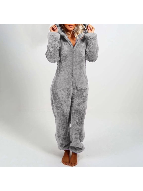 Women Onesies Fluffy Fleece Jumpsuit Long Sleeve Hooded with Pocket Jumpsuit Casual Winter Warm Rompe Homewear Gray XXL