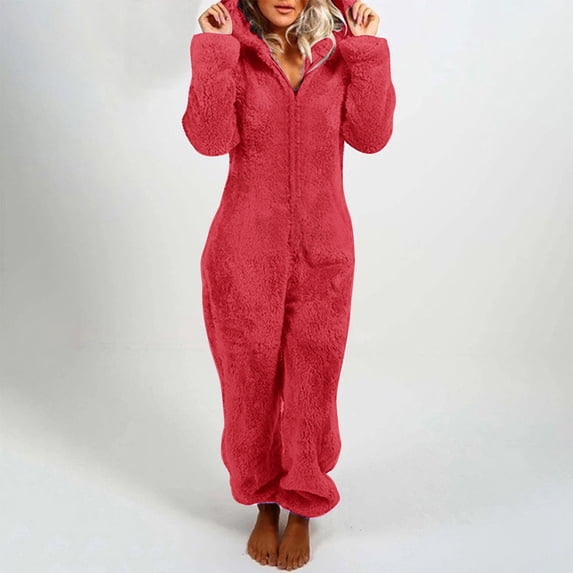BRGZLK Women Onesies Fluffy Fleece Jumpsuit Long Sleeve Hooded with Pocket Jumpsuit Casual Winter Warm Rompe Homewear Watermelon Red XL