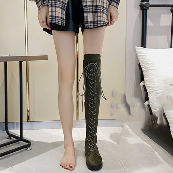 BRGZLK Women Over The Knee Boots Winter 2026 Lace Up Riding Boots Round Toe Low Flat Heel Cozy Flock Lining Vintage Long Boots for Going Out Green 37