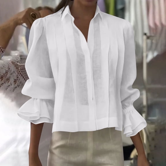BRGZLK Women Pleated Shirt Casual Loose Fashion Solid Color 3/4 Ruffle Sleeve Hidden Button Shirt Top Trendy Work Office Tops White XXXL