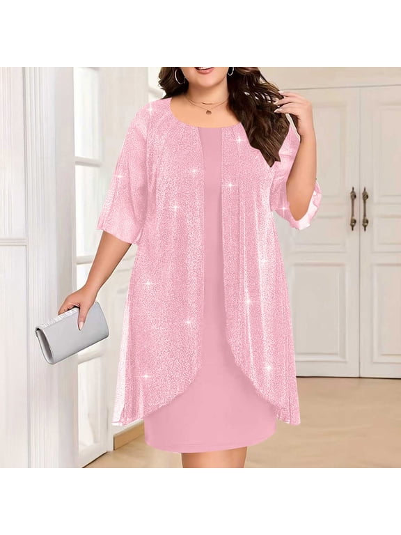 Women Plus Size Cocktail Dress Elegant Round Neck Short Sleeves Dresses Solid Color Wedding Guest Party Midi Dresses Pink 3XL