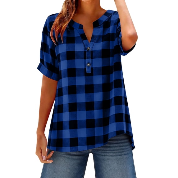 BRGZLK Women Plus Size Henley Neck Tops Fashion Linen Plaid Short Sleeve Casual Solid Color Button Front Basic Tee Ladies Breathable Comfy Loose Fit T Shirt Blue 4XL