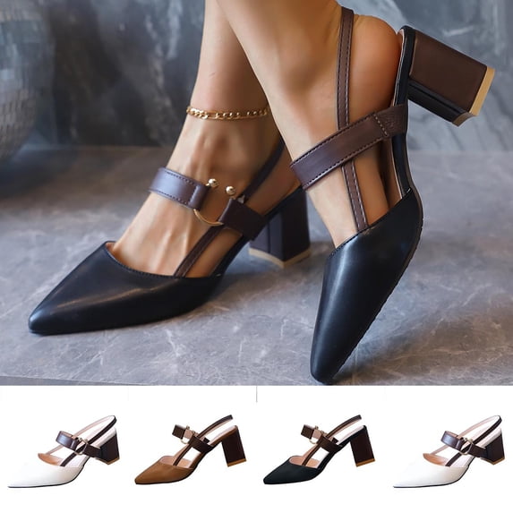 BRGZLK Women Pointed Toe Heeled Sandals Leather Close Toe Slippers Ankle Strap Summer Dressy Sandal Chunky Block Heels Solid Color Vintage Breathable Comfortable Non Slip Vintage Walking Casual Shoes