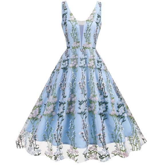 BRGZLK Women Princess Formal Dress Tulle Temperament Embroidery Print Straps High Waist Floor Length Dress Sleeveless Evening Prom Dresses Blue XXL